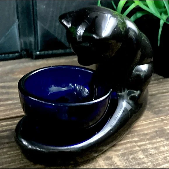 Vintage Haeger Style Black Cat | Gazing Bowl | Art Glass Cobalt Bowl - Picture 6 of 13